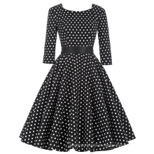 Belle Poque Stock Retro Vintage Ladies 3/4 Sleeve Black Color White Polka Dots Algodão Vintage Retro Dress BP000094-1